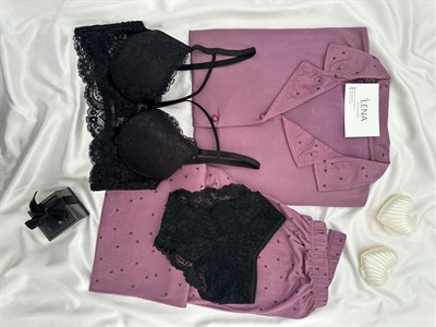 Lila Kalp Desenli Dörtlü Milan Pijama Takımı