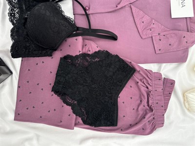 Lila Kalp Desenli Dörtlü Milan Pijama Takımı