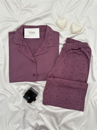 Lila Kalp Desenli Kısa Kollu Milan Pijama Takımı