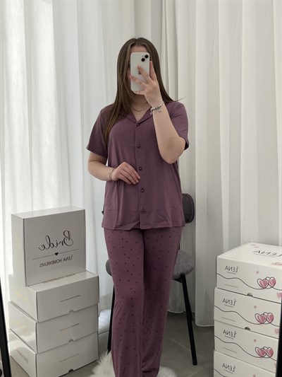 Lila Kalp Desenli Kısa Kollu Milan Pijama Takımı