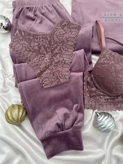 Lila Lüks Fransız Kadifesi Dörtlü Takım