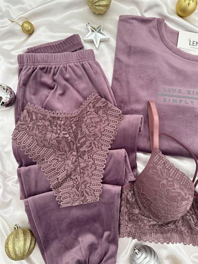 Lila Lüks Fransız Kadifesi Dörtlü Takım