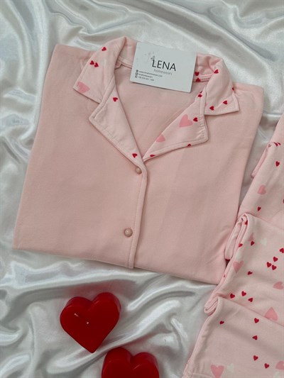 Pembe Kalp Desenli Termal Pijama Takımı