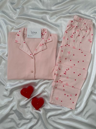 Pembe Kalp Desenli Termal Pijama Takımı