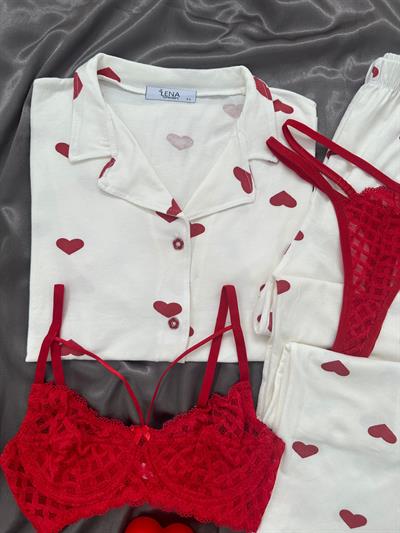 Love You 4lü Kalpli Kısa Kollu Pamuklu Pijama Takımı