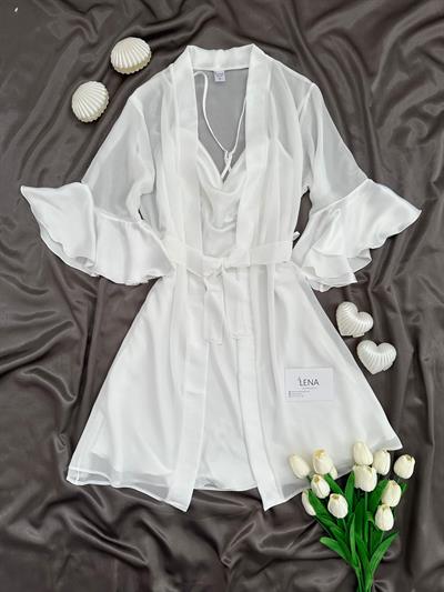 Luxury Chane Ekru Gelin ikili Gecelik & Sabahlık Takımı