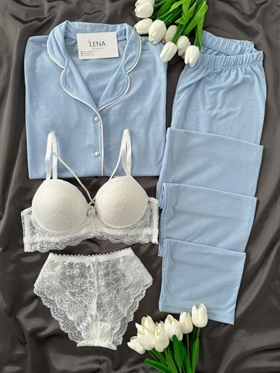 Mavi Biyeli 4lü Kısa Kollu Pijama Takım 