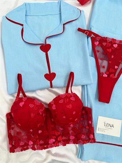 Mavi Dörtlü Kalbim Sende Kısa kollu Pijama Seti 