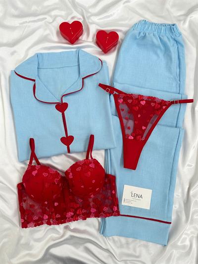 Mavi Dörtlü Kalbim Sende Kısa kollu Pijama Seti 