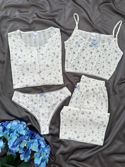 Mavi Gül 4lü Pamuk Pijama Takım