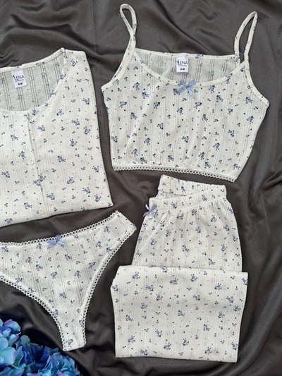 Mavi Gül 4lü Pamuk Pijama Takım
