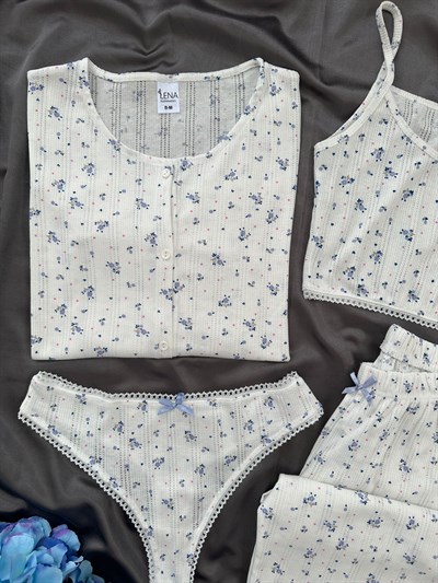 Mavi Gül 4lü Pamuk Pijama Takım