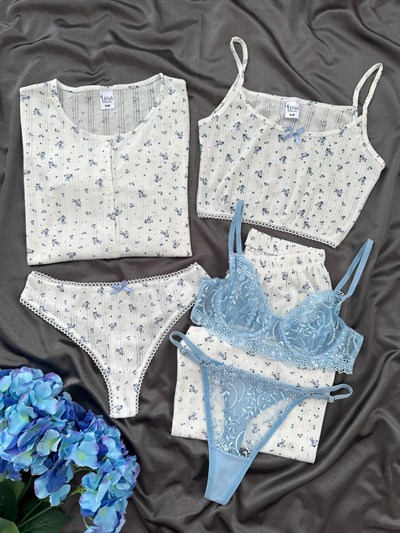 Mavi Gül 6lı %100 Pamuk Pijama Takımı