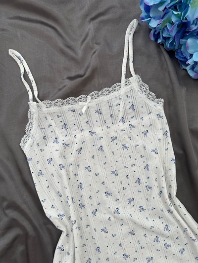 Mavi Gül Pamuklu Gecelik Pijama Takımı