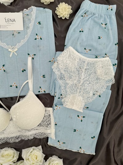 Mavi Papatya Dörtlü Pijama Takımı