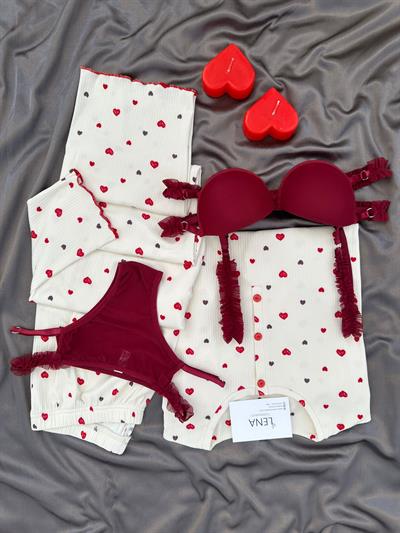 Merci Kalp ve Çiçek Desenli Dörtlü Pijama Seti