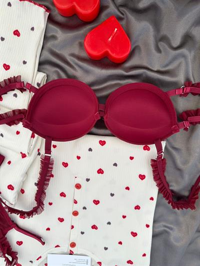 Merci Kalp ve Çiçek Desenli Dörtlü Pijama Seti