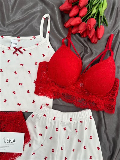 Minia Kırmızı Fiyonk Dörtlü Şortlu Pijama Takım