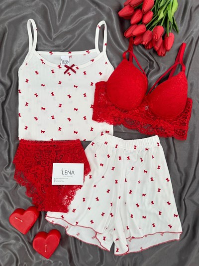 Minia Kırmızı Fiyonk Dörtlü Şortlu Pijama Takım