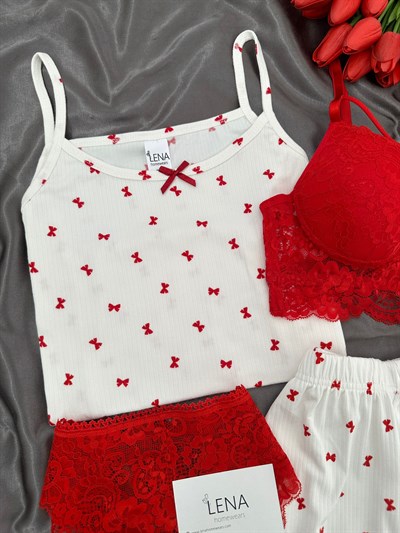 Minia Kırmızı Fiyonk Dörtlü Şortlu Pijama Takım