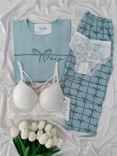 Mint Fiyonk Desenli Dörtlü Pijama Seti