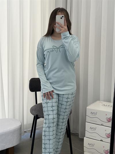 Mint Kurdele Desenli Bisiklet Yaka Pijama Takımı