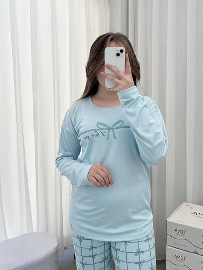 Mint Kurdele Desenli Bisiklet Yaka Pijama Takımı