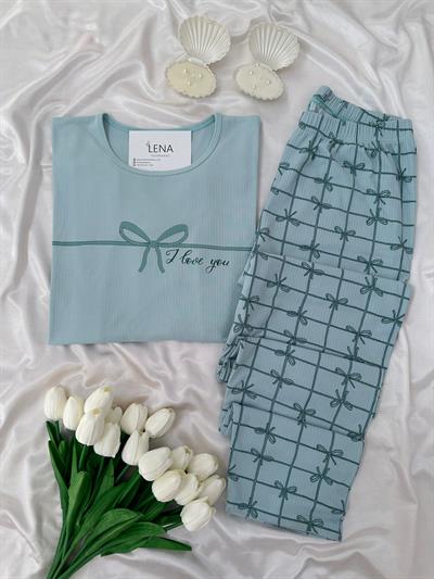 Mint Kurdele Desenli Bisiklet Yaka Pijama Takımı