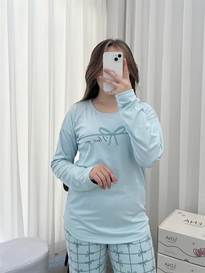 Mint Kurdele Desenli Bisiklet Yaka Pijama Takımı