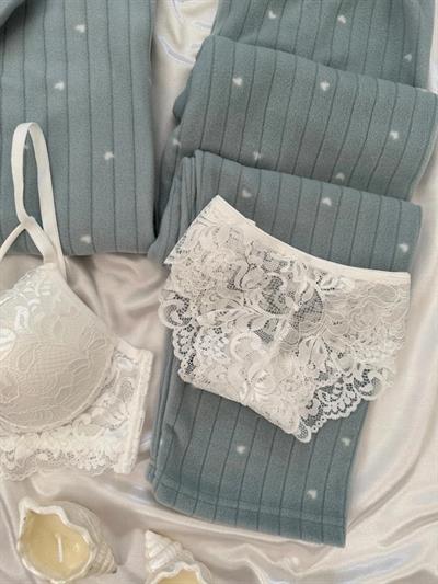 Mint Yeşil Kalpli Dörtlü Polar Pijama Seti