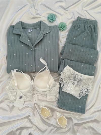 Mint Yeşil Kalpli Dörtlü Polar Pijama Seti