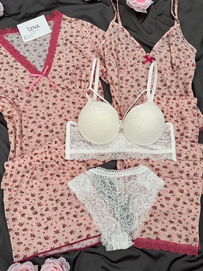 Mor Çiçek Raporlu 6lı Pijama & Çamaşır Seti