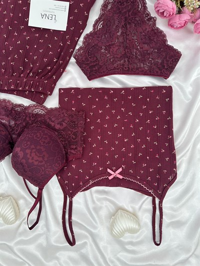 Mürdüm Çiçek Desenli Pamuklu 4lü Şortlu Pijama Takımı