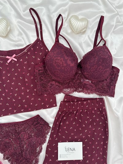 Mürdüm Çiçek Desenli Pamuklu 4lü Şortlu Pijama Takımı