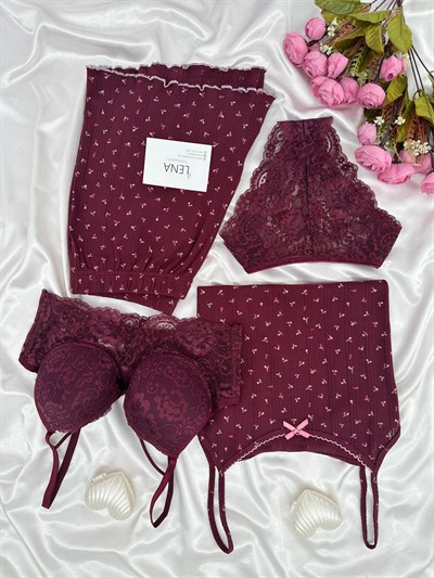 Mürdüm Çiçek Desenli Pamuklu 4lü Şortlu Pijama Takımı