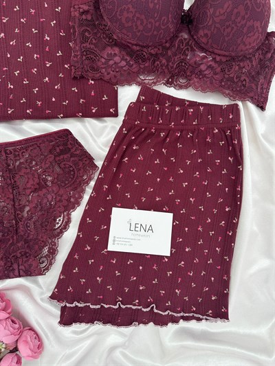 Mürdüm Çiçek Desenli Pamuklu 4lü Şortlu Pijama Takımı