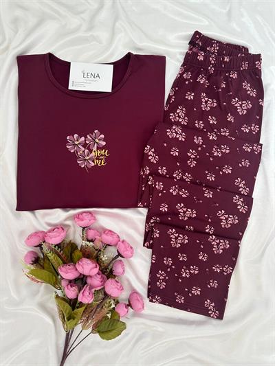 Mürdüm Çiçek Desenli Sofya Pijama Takımı