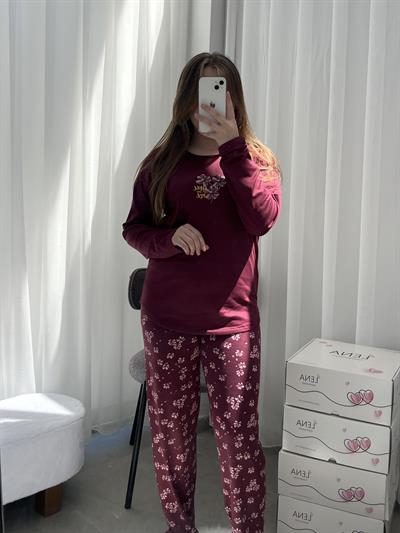 Mürdüm Çiçek Desenli Sofya Pijama Takımı