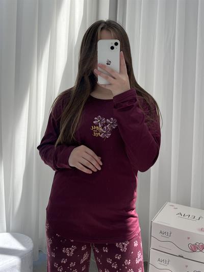 Mürdüm Çiçek Desenli Sofya Pijama Takımı