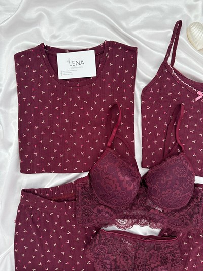 Mürdüm Çiçek Pamuklu 6lı Transfer Pijama Takımı