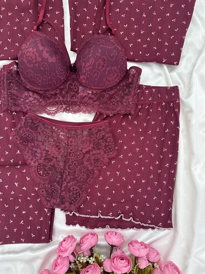 Mürdüm Çiçek Pamuklu 6lı Transfer Pijama Takımı