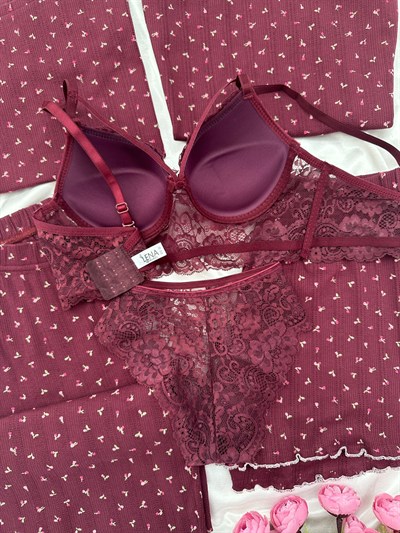 Mürdüm Çiçek Pamuklu 6lı Transfer Pijama Takımı