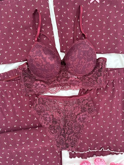 Mürdüm Çiçek Pamuklu 6lı Transfer Pijama Takımı