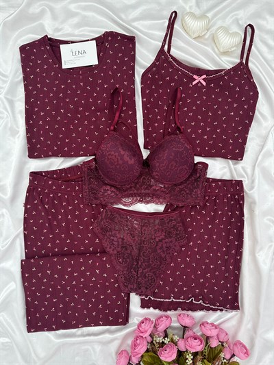 Mürdüm Çiçek Pamuklu 6lı Transfer Pijama Takımı