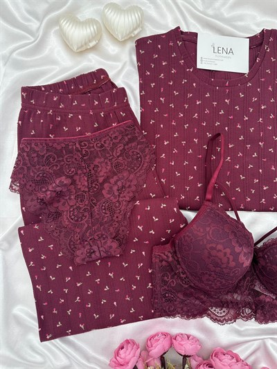 Mürdüm Çiçek Pamuklu Dörtlü Pijama Takımı