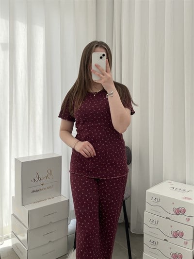 Mürdüm Çiçek Pamuklu Dörtlü Pijama Takımı