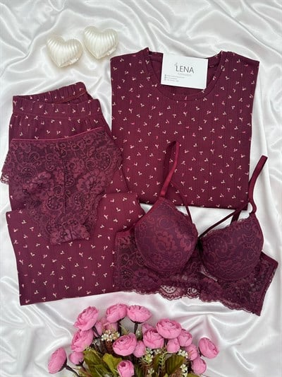 Mürdüm Çiçek Pamuklu Dörtlü Pijama Takımı