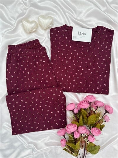 Mürdüm Çiçek Pamuklu Kısa Kollu Pijama Takımı