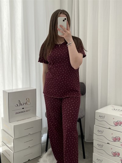 Mürdüm Çiçek Pamuklu Kısa Kollu Pijama Takımı