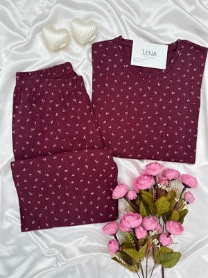 Mürdüm Çiçek Pamuklu Kısa Kollu Pijama Takımı